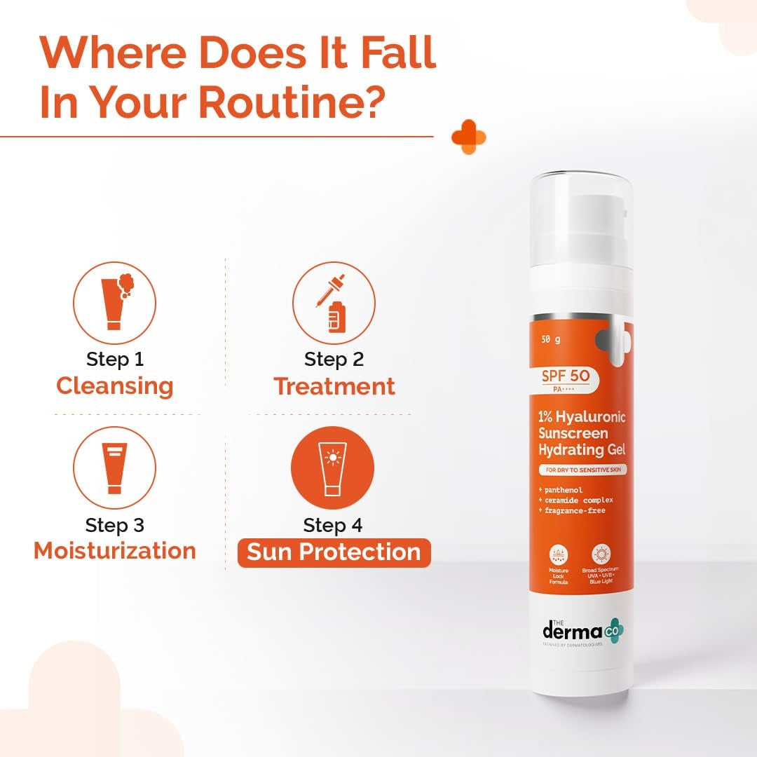 The Derma Co 1% Hyaluronic Sunscreen Hydrating Gel SPF 50 PA++++ | For Dry, Sensitive Skin, UVA/UVB, Hyaluroic acid, ceramide,Broad Spectrum, For Men & Women, buy online in India